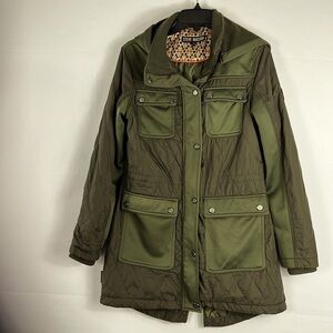 Steve Madden Military Green Cargo Coat Jacket Quilted Hooded Cinch-able Waist S